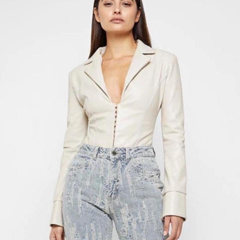 Manière De Voir Vegan Leather Bodysuit 2 NEW Cream Deep V Neck Party *flaw